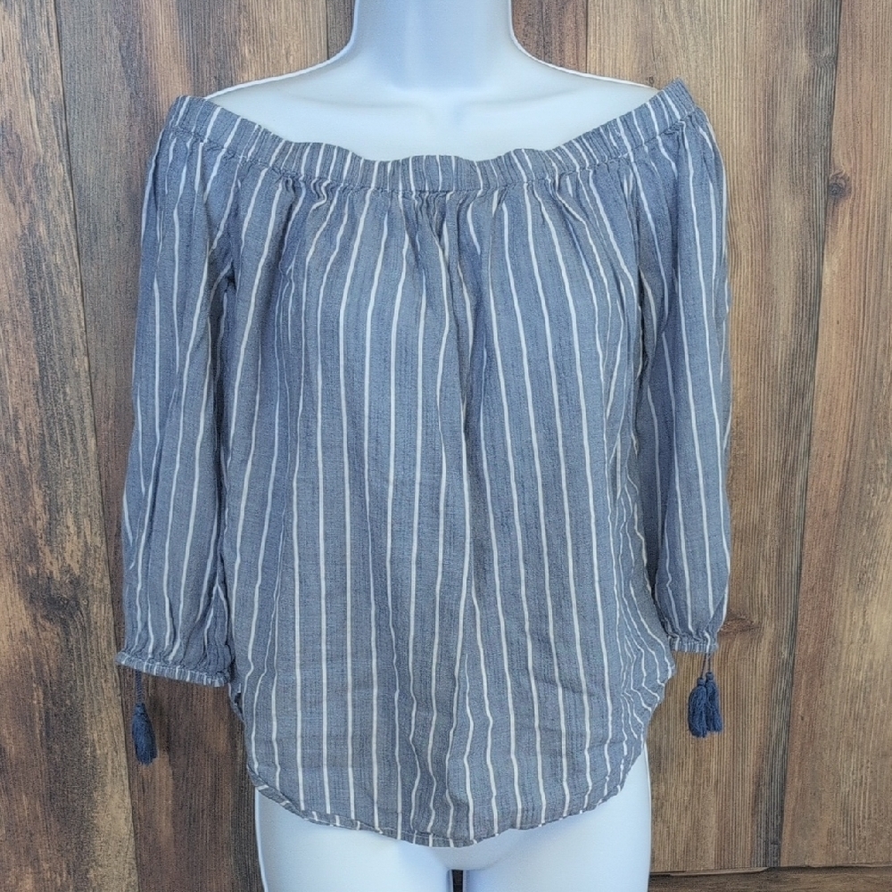 Old Navy Blue/White Smocked 3/4 Off Shoulder Sleeve Blouse XS